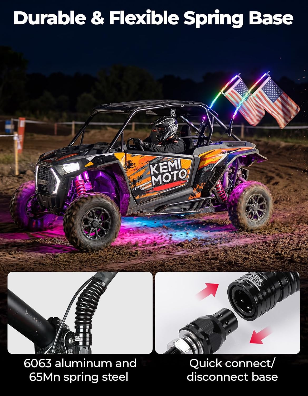 Kemimoto 2PCS 3FT Universal LED Whip Light and 4 PCS Rock Lights Combo | 366 Modes with Integrated Rocker Switch (Turn/Hazard/Light) & SOS Mode, Spring Base & App Control, IP67 Waterproof