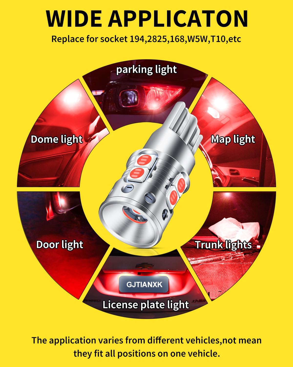 194 168 2825 W5W T10 LED Bulb Canbus Error Free Non-Polarity Replacement Bulbs for Dome Map Courtesy Door Trunk Cargo Lights, Brilliant Red (Pack of 2)