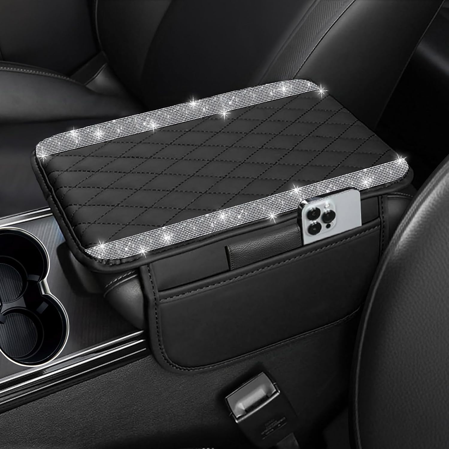NBTEPEM Bling Car Center Console Cover, Leather Car Arm Rest Cover Cushion with 2 Storage Bags, Universal Auto Armrest Protector Storage Box, Bling Accessories Interior for Most Vehicles (Silver)