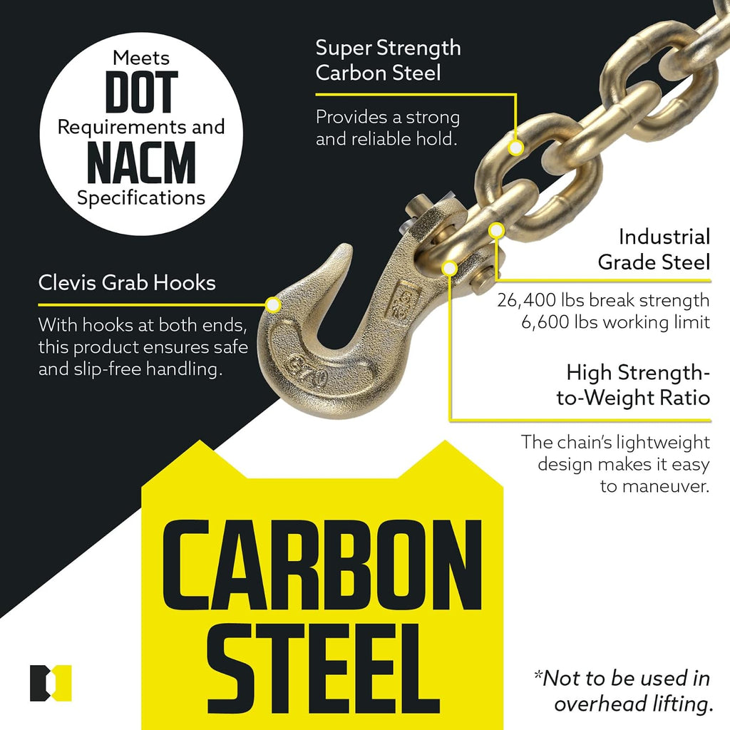 DC Cargo Tie Down Transport Chains - Heavy Duty Tow Chain With 3/8" Grade 70, Log Hooks, G70 Load Binder, 20 ft Long, 6,600 lbs WLL (Pack of 4)