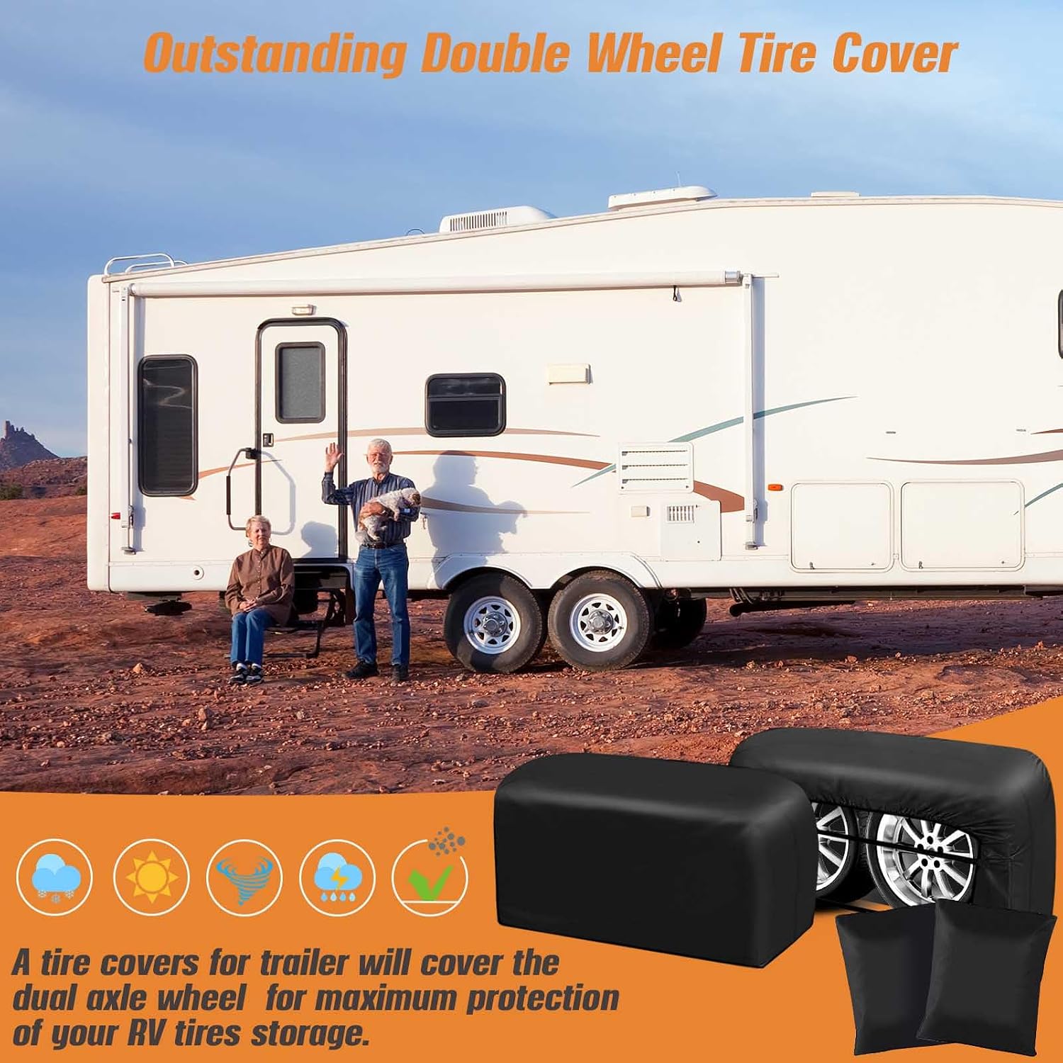 RV Tire Covers 2 Pack, 840D Heavy Duty Dual Trailer Tire Covers Fits 27"-30" Diameter Tires,Waterproof RV Wheel Covers with Waterproof Strip,2 Windproof Buckles，Universal Wheel Covers for Truck
