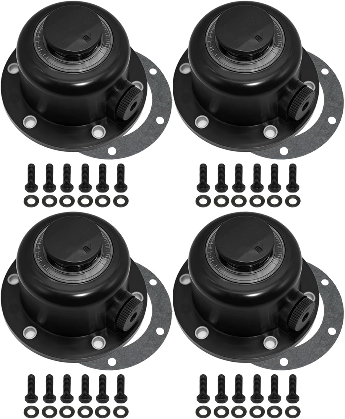 4 Pack Steer Axle Hub Caps, Black, 4.5 in, Replaces 343-4024 1612 1711 | Bolt-on oil cap for wheel-end service; helps protect the hub oil level window from road dust, splash and debris