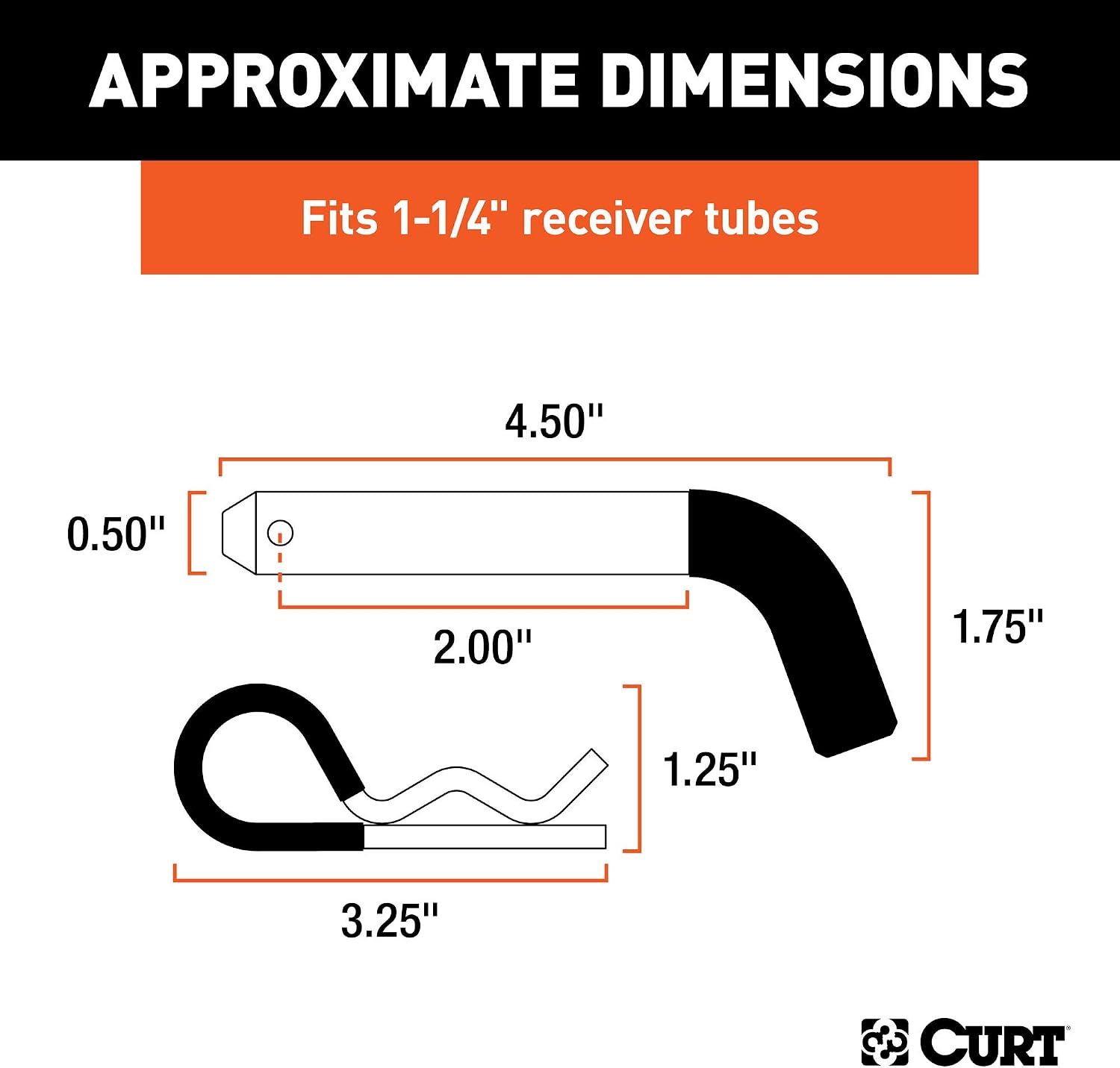CURT 21410 Trailer Hitch Pin & Clip with Vinyl-Coated Grip, 1/2-Inch Diameter, Fits 1-1/4-Inch Receiver, Clear ZINC