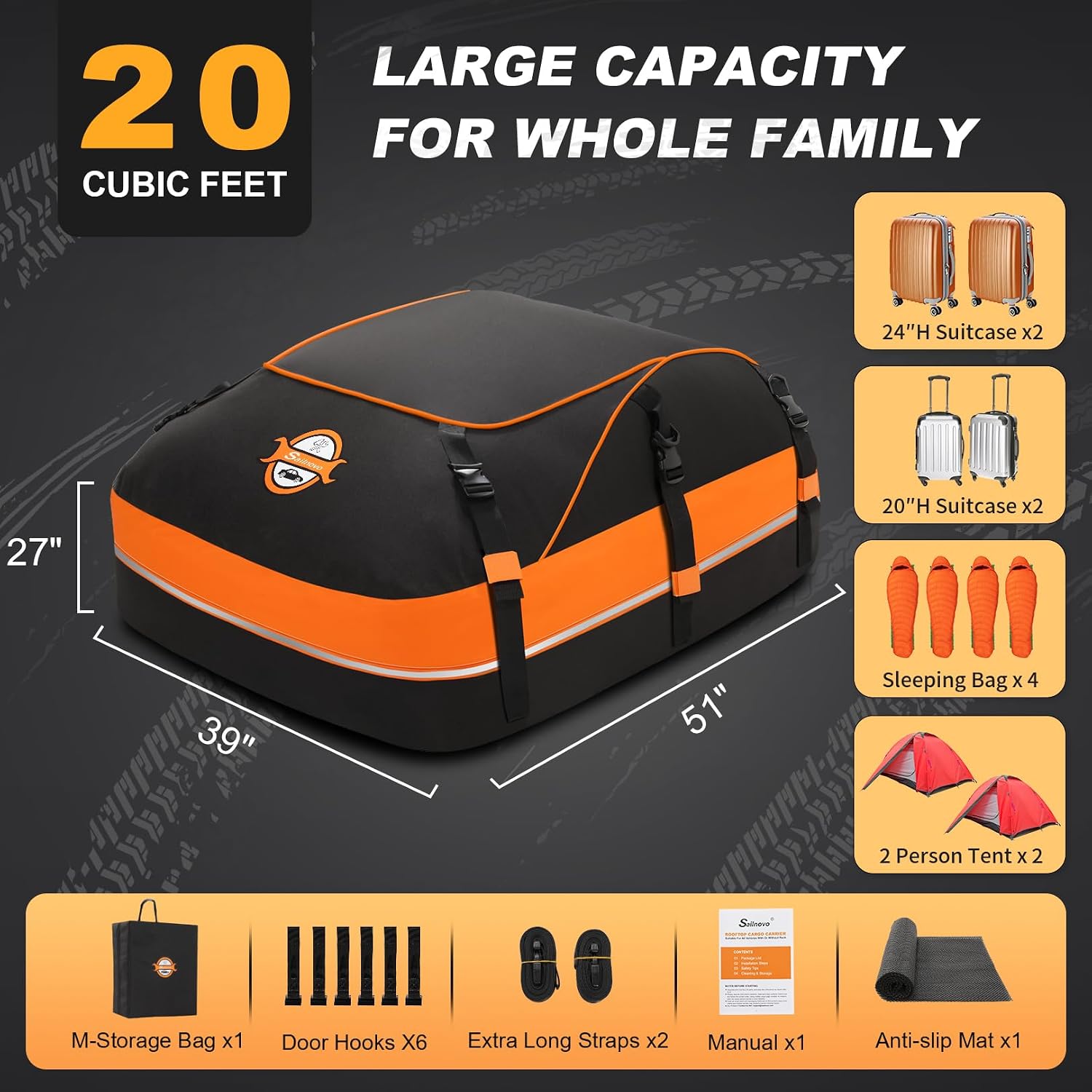 Sailnovo 20 Cubic Feet/580L Car Roof Bag, Waterproof Car Roof Storage Box | Heavy Duty Roof Boxes for Cars with Roof Bars or No Rack | With Reinforced Straps, Door Hooks & Storage Bag | Orange