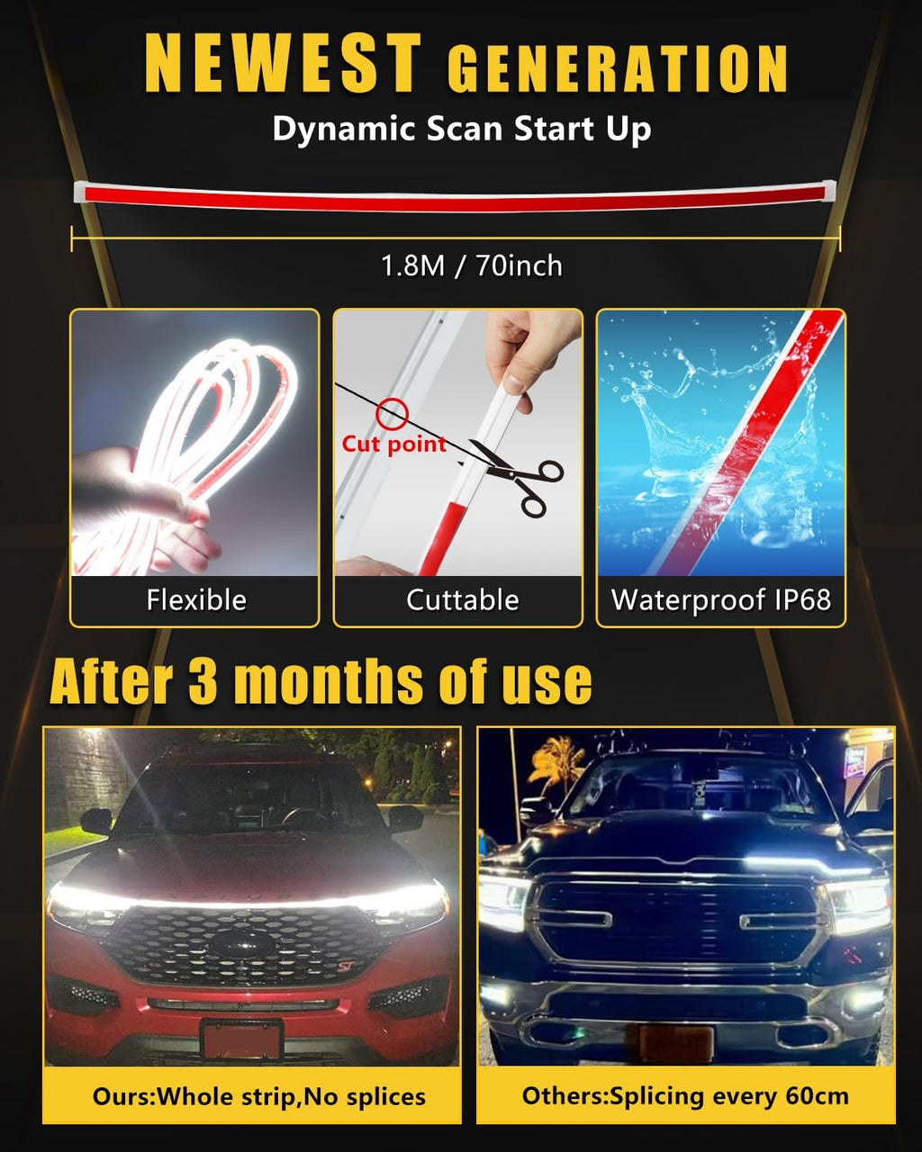 Dynamic Scan Start Up Hood Light Strip Sequential Flowing Turn Signal Lights Flexible DRL Daytime Running Light Car Led Light Strip Exterior,Dual Color Amber White Switchback 12V 70inch (1 Set)