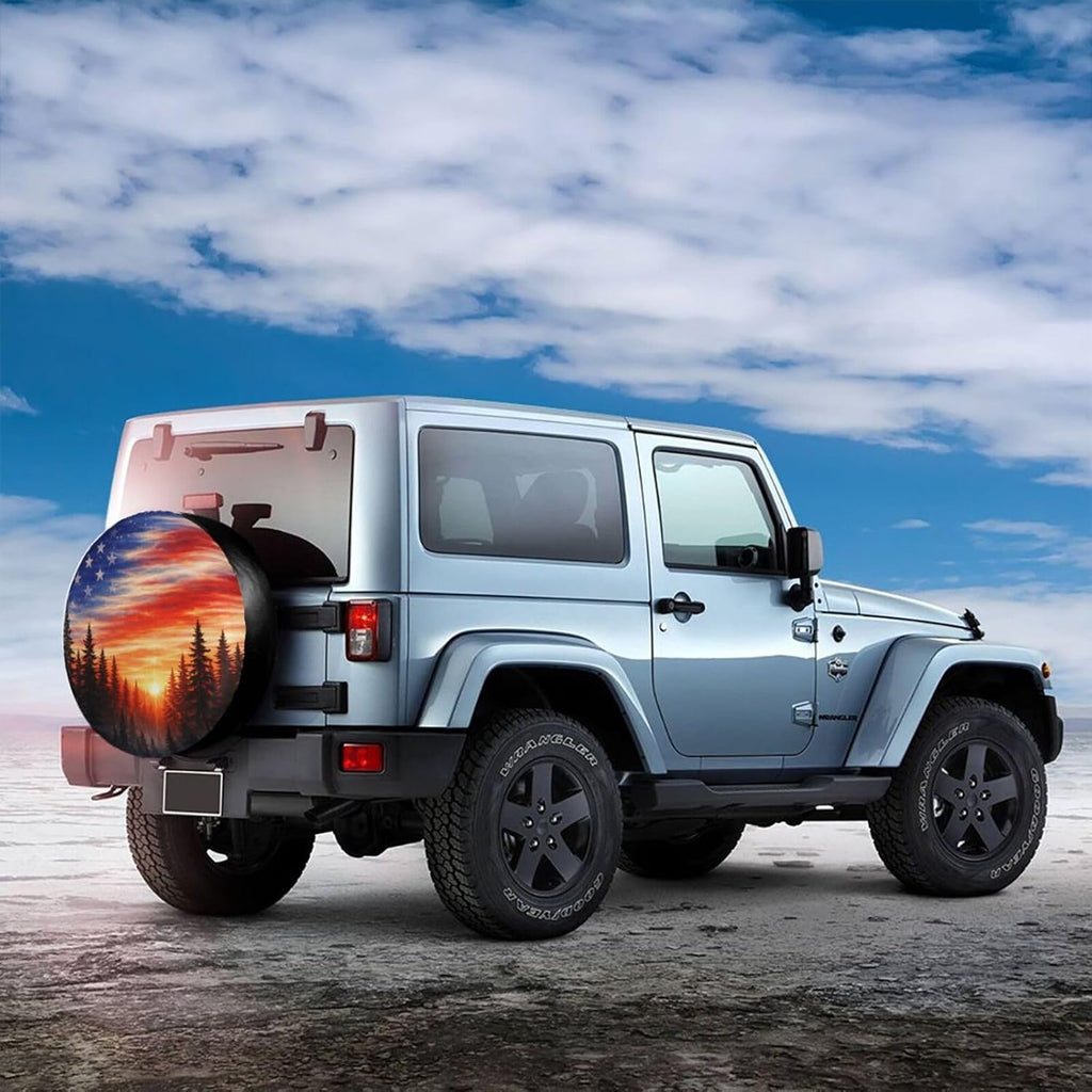 Spare Tire Cover，American Flag Sunset Fores Camper Spare Tire Cover Waterproof Sun Protection for Jeep Trailer Camper RV SUV Wheel Covers (American Flag Sunset Fores, 15 inch)