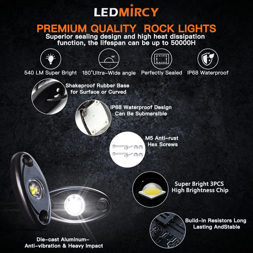 LEDMIRCY LED Rock Lights White 8PCS for Off Road Trucks RZR Boat ATV UTV SUV High Power Underbody Neon Lights Underglow Trail TRAI Rig Light Waterproof Shockproof(8PCS-White)