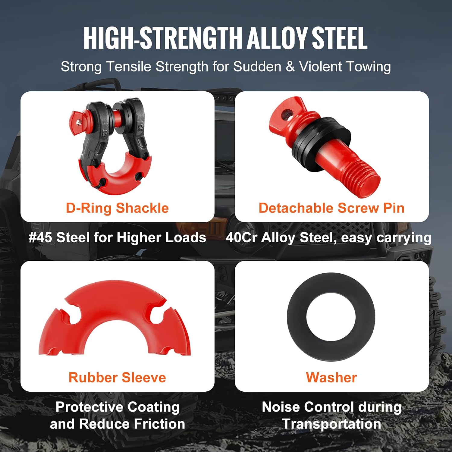 VEVOR 3/4" D Ring Shackle, Black Shackles for Truck with 7/8” Screw Pin 66139 lbs (30 Ton) Break Strength Red Isolator Washers Kit, Winch Towing Shackle for Truck Jeep Heavy Duty Off Road Recovery