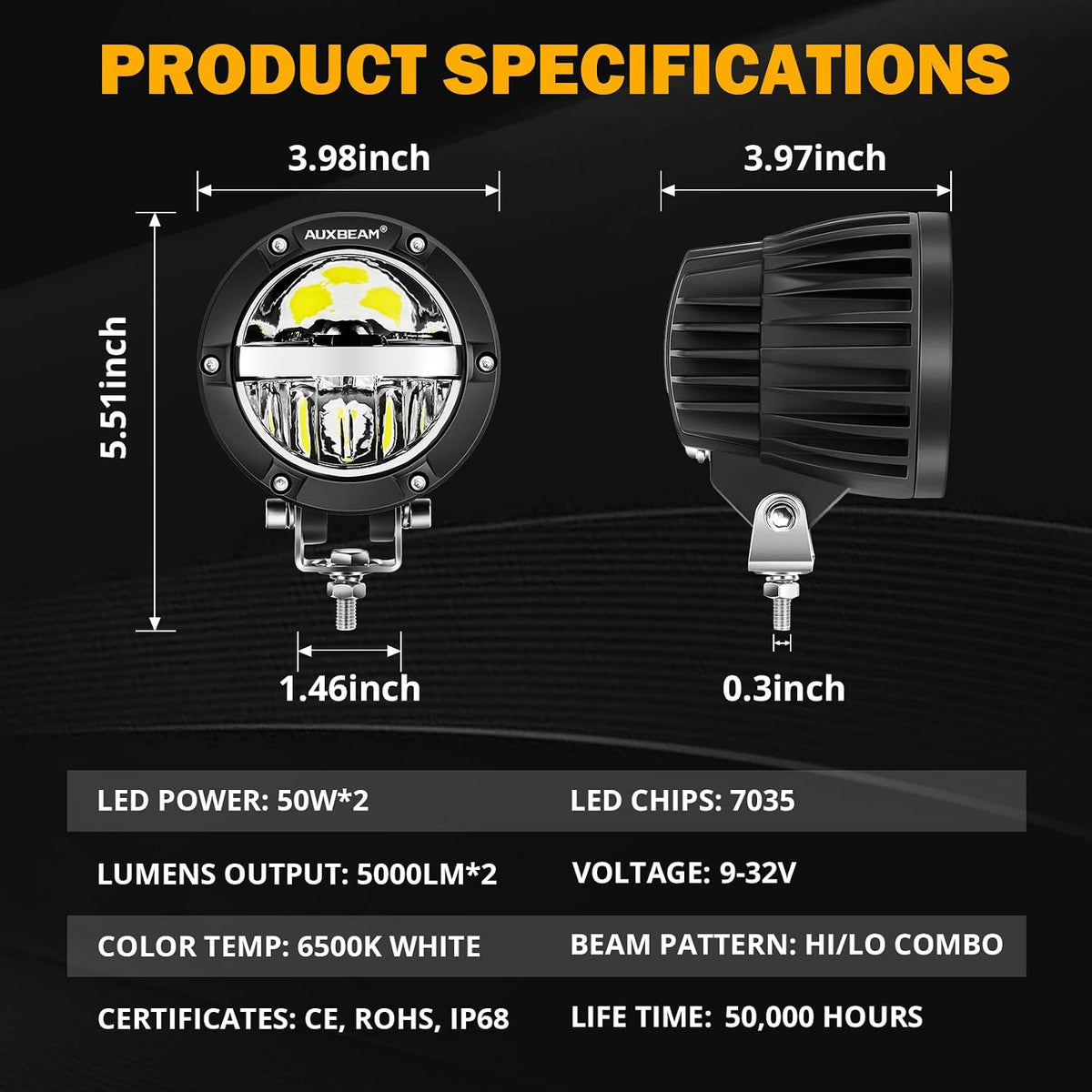 auxbeam 4'' 100w offroad light, c4 series driving on a desk or shelf