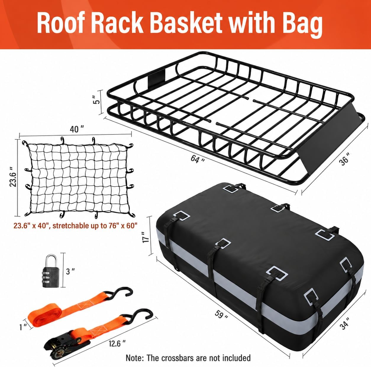 Adjustable Roof Rack Basket 45"-64" x 36" x 5" with 20 Cu.Ft Waterproof Cargo Bag - Heavy Duty Steel Cargo Carrier for SUV Truck Van, 250 lbs Capacity, Complete Accessory Kit