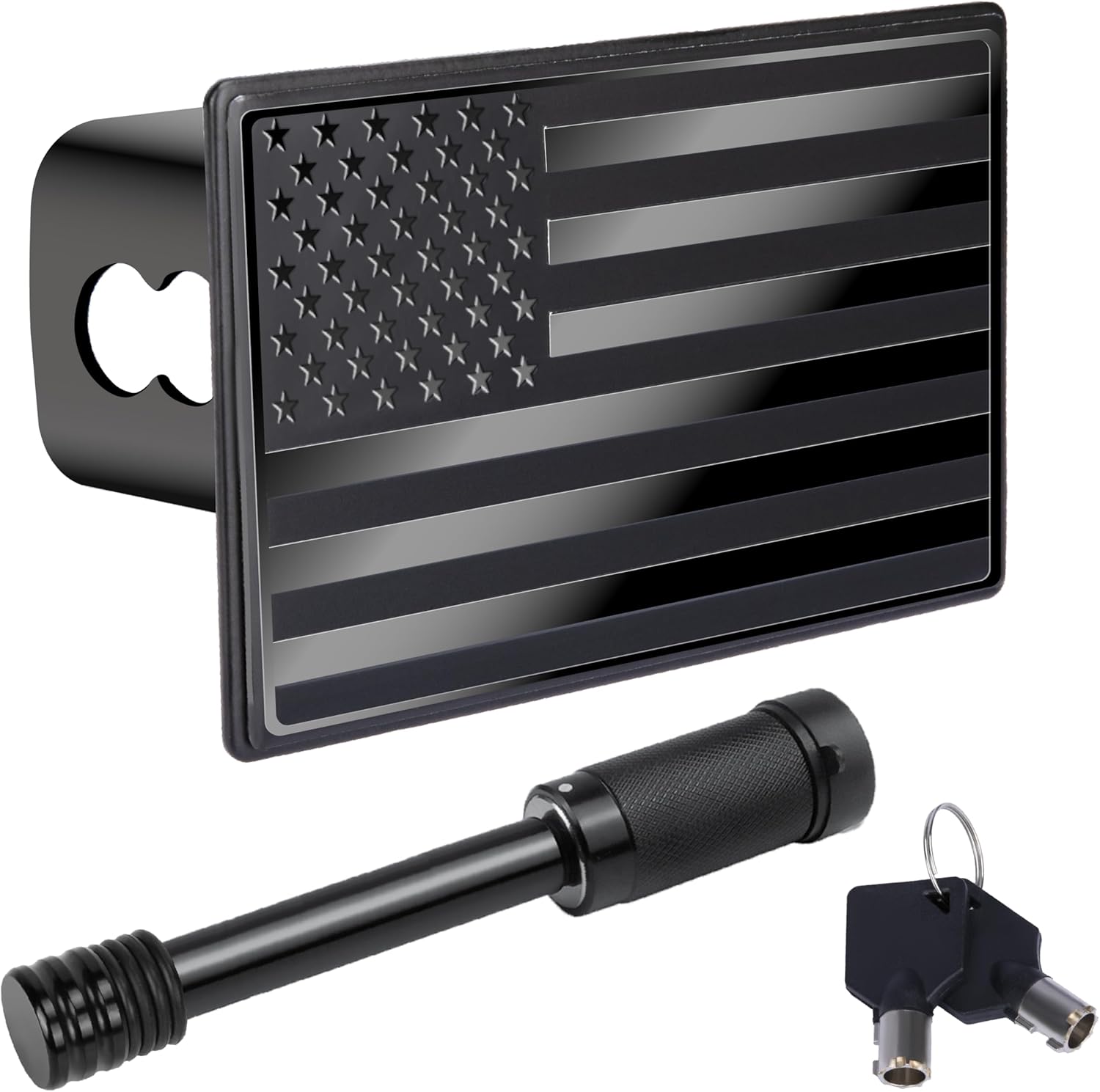 BFXM 2 Inch Trailer Hitch Cover, American Flag Stainless Steel Metal Hitch Cover with 5/8 Inches Pin Diameter Trailer Hitch Lock, Trailer Plug Receiver and Tow Cap for Truck Accessories