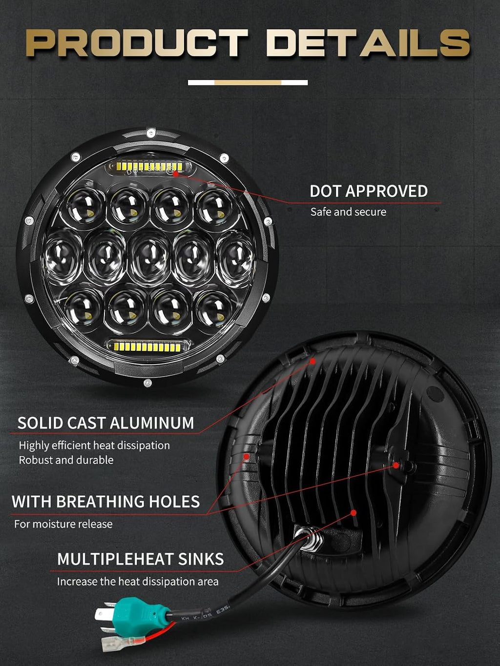7 Inch Led Headlight Round H6024 Led Headlight DOT Approved Hi/Lo Beam DRL Black Headlights Compatible With Jeep Wrangler JK JKU TJ LJ CJ Compatible With Chevy,Ford and Mazda Miata etc