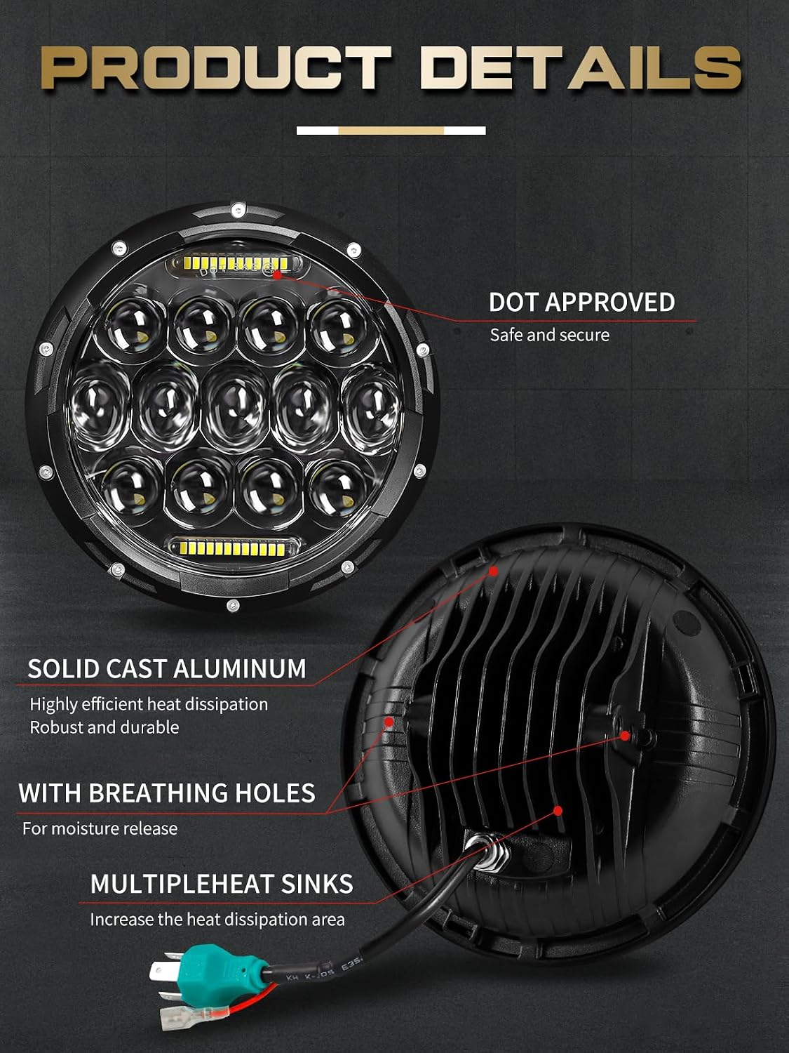7 Inch Led Headlight Round H6024 Led Headlight DOT Approved Hi/Lo Beam DRL Black Headlights Compatible With Jeep Wrangler JK JKU TJ LJ CJ Compatible With Chevy,Ford and Mazda Miata etc