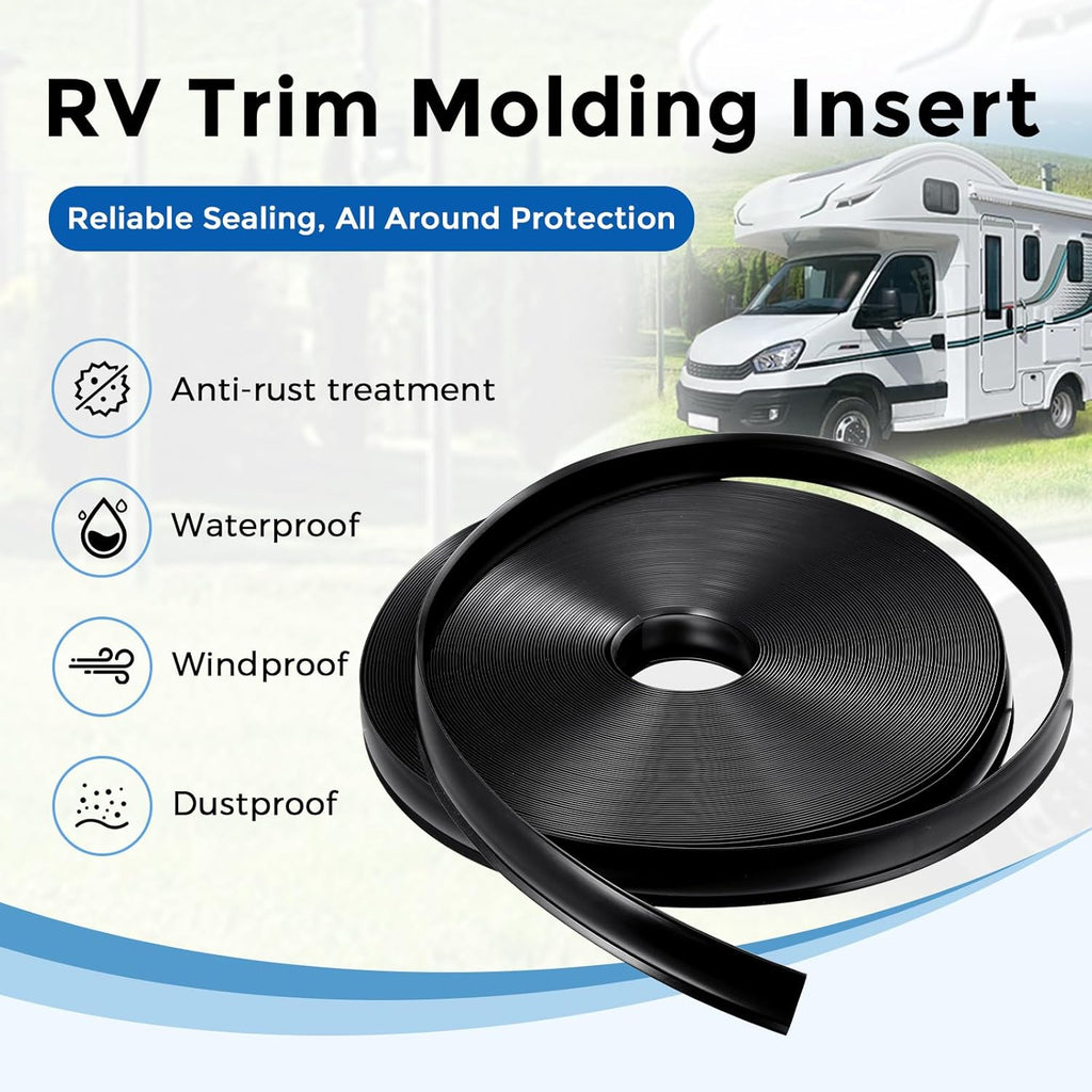 1" RV Vinyl Trim Molding Insert Black,for RV Camper Travel Trailer Screw Cover Gutter Corner Channel Outside Seam roof Edge Track Heavy Duty Trim (50 ft)