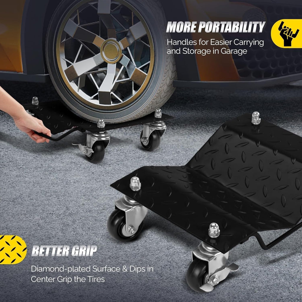 PrecisionAuto Heavy Duty 3000 lbs Car Wheel Dolly Set of 2 – Steel Tire Skates with Brakes – 360° Rotatable Anti-Skid Wheels for Material Handling – Black, Threaded Plate