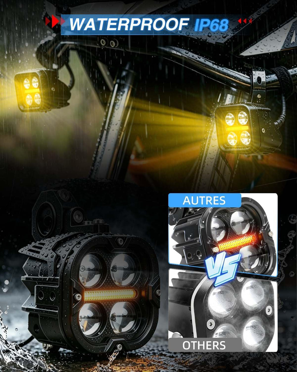 BraveWAY 3 Inch Motorcycle Driving Lights 120W LED Fog Lights with DRL 4 Strobe Modes Amber & White Beams LED Auxiliary Spotlights with Mount Brackets Wire Harness for Motorcycle ATV Night Riding UTV
