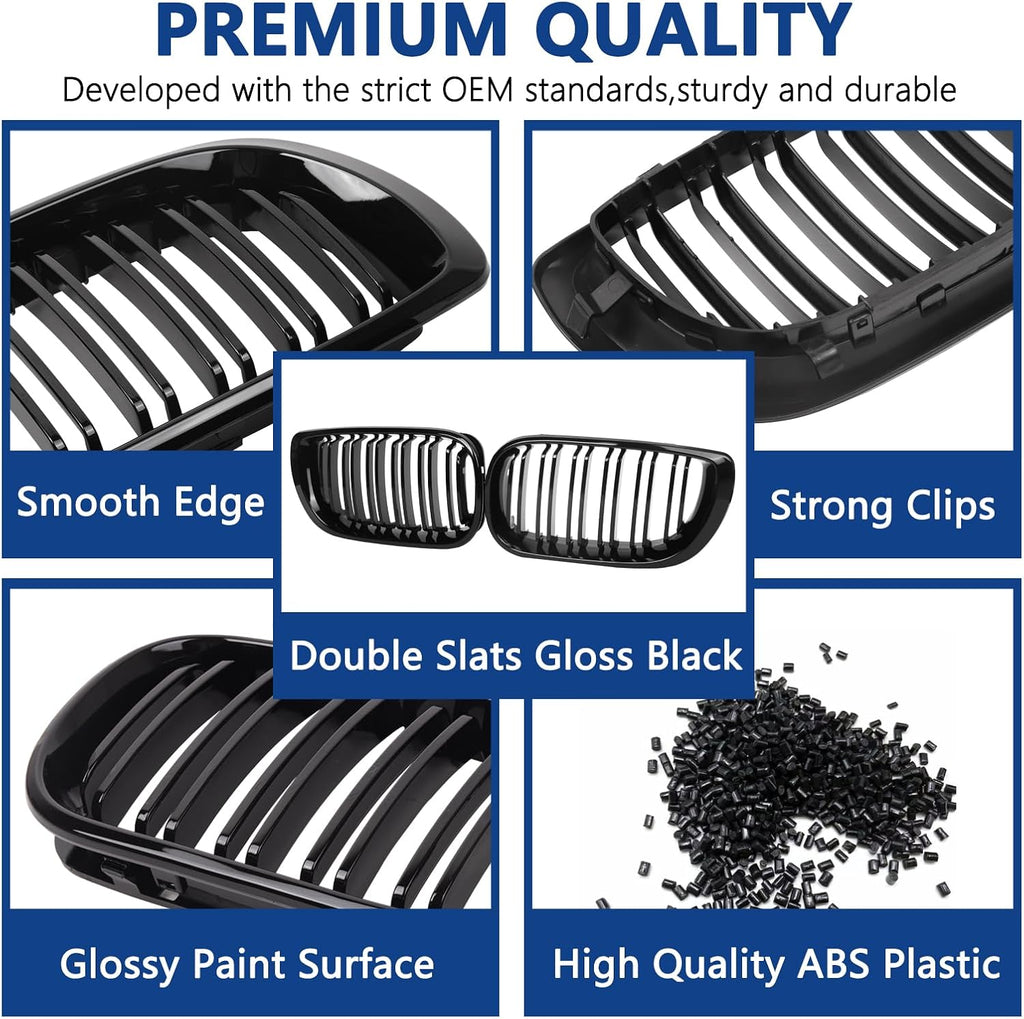 E46 Grille, Front Kidney Grill Compatible with BMW 3 Series 2002-2005 E46 4-Door 320i 325i 325xi 330i 330xi Double Slats Gloss Black Grill