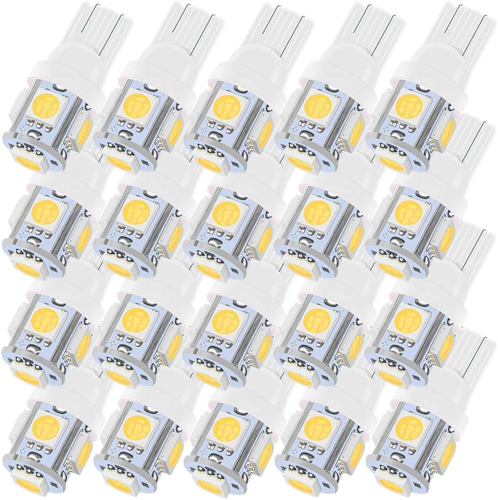 T10 168 194 2825 LED Bulb 5SMD White License Plate Dome Map Light 20pc | 6000K 192 2821 W5W 147 5050 5-SMD Interior LED Bulb for Door Step Footwell Trunk RV Canbus Error Free