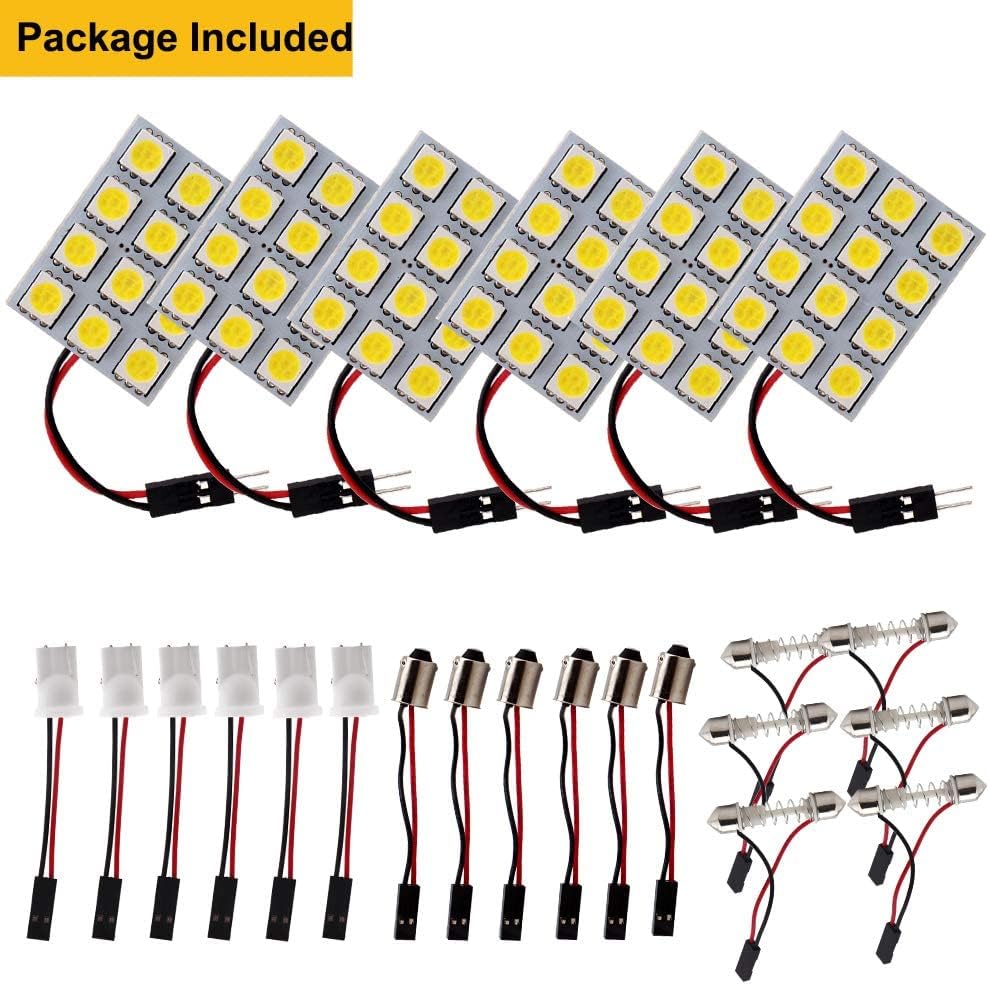 YM E-Bright Led Dome Light Panel Interior Car Lights Dome Light Map Lights with T10 194/BA9S 1895/211-2 578 DE3175 Led Festoon Adapters White, Pack of 6