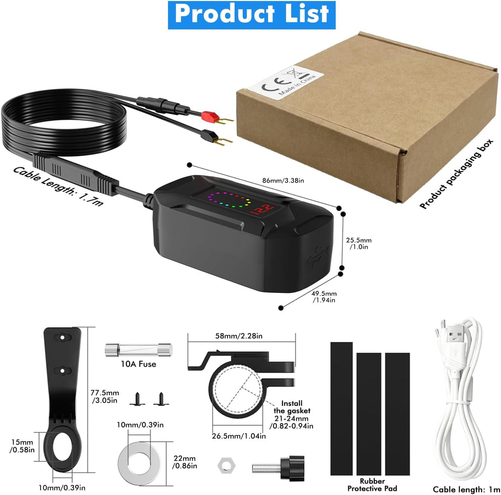 Motorcycle USB Charger 30W PD+18W QC3.0 with 70cm Retractable Type-C Cable,12–24V Waterproof Phone Charger USB Charging Port Adapter with Voltmeter & Switch,3A USB Cable for Dirt Bike,ATV