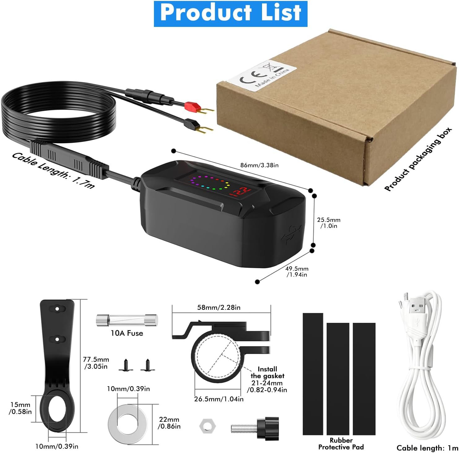 Motorcycle USB Charger 30W PD+18W QC3.0 with 70cm Retractable Type-C Cable,12–24V Waterproof Phone Charger USB Charging Port Adapter with Voltmeter & Switch,3A USB Cable for Dirt Bike,ATV