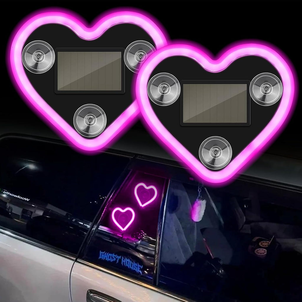 2Pcs Solar Powered Heart Shape Car Ambient Light, Pink LED Neon Light for Car Back Window Decoration, 5 Modes, Romantic Gift for Christmas Valentine's Day
