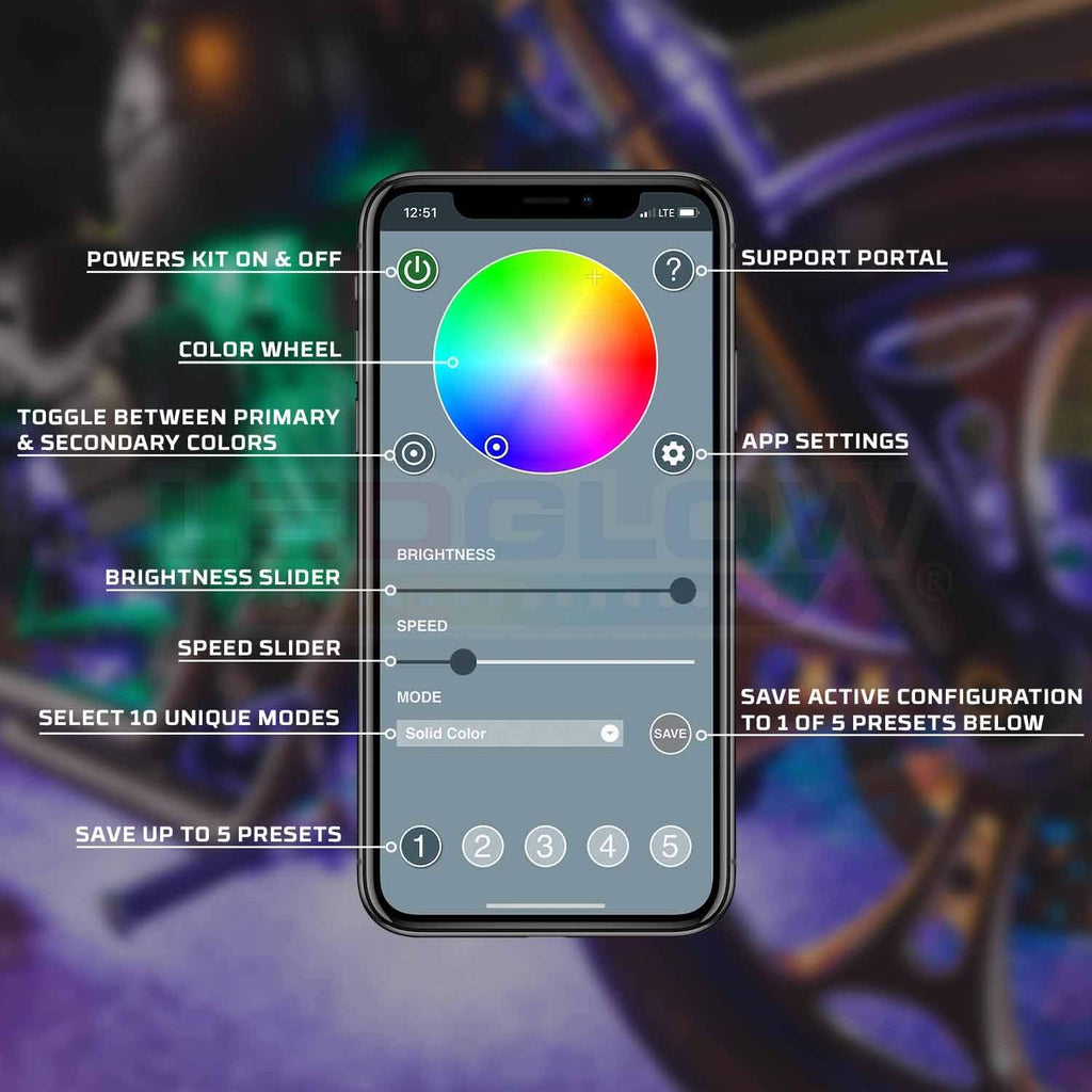 LEDGlow 12pc Bluetooth Advanced Million Color LED Motorcycle Accent Underlow Lighting Kit - Smartphone App - Dual Zone & Brake Lights Feature - Waterproof Control Box - Multi-Color Flexible Strips