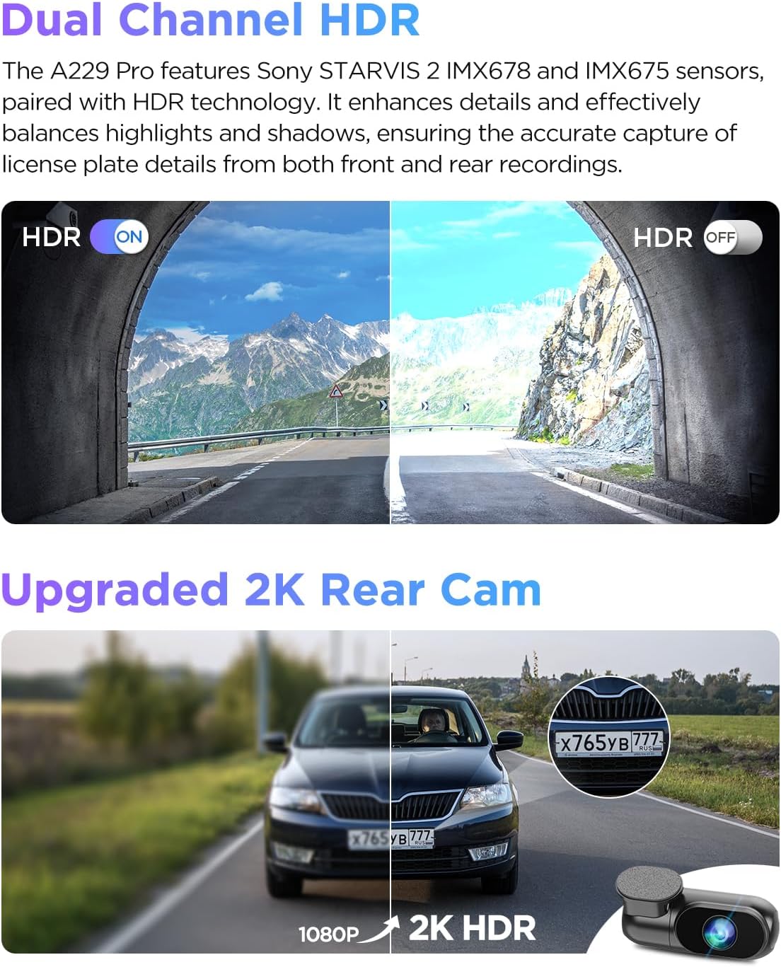 viofo a229 pro 4k hdr dash cam front, side view
