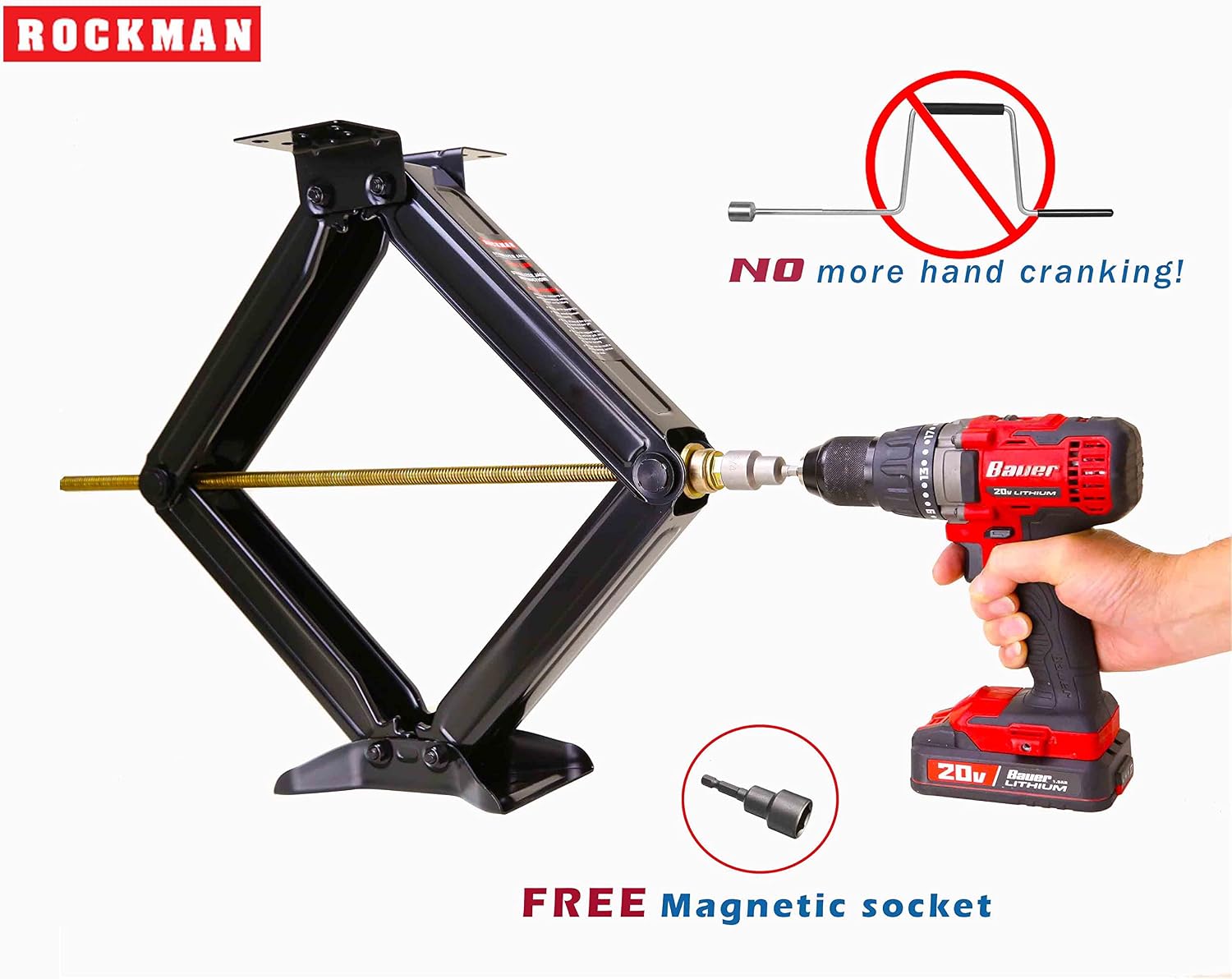 ROCKMAN 24" 7500lbs RV Camper Trailer Stabilizer Leveling Scissor Jacks with Wide Bow-Tie Base/Power-Drill Socket & Magnetic Level (Set 2)