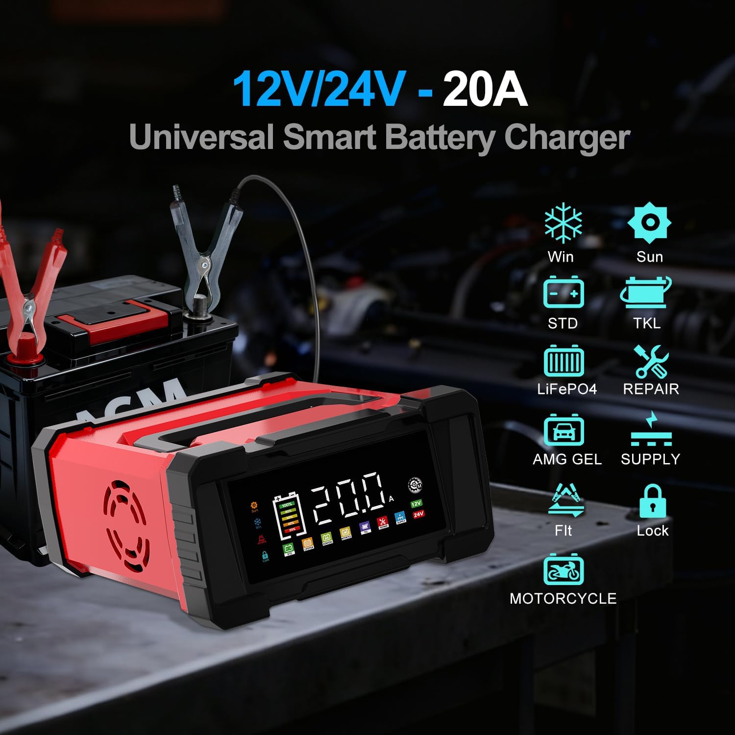 Battery Charger 20-Amp 12V/24V Smart Trickle Charger for Car - Battery Maintainer Trickle Charger, and Car Battery Charger Heavy Duty with Temperature Compensation for Automotive Truck Motorcycle