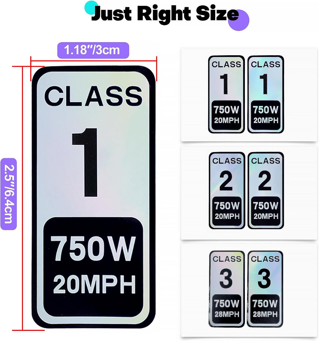 4 PCS Class 2 Ebike Sticker 750W 20MPH - Colorful Reflective Vinyl Decal for Electric Bicycle Classification (2.5 x 1.2 Inch)