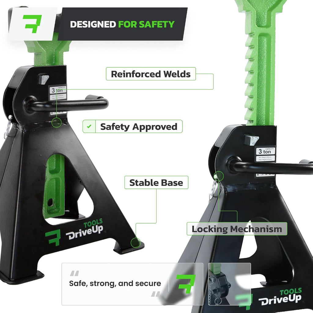 Jack Stands 3 Ton (6,600 lb) Heavy Duty Steel, Double Locking, Set of 2, Adjustable Height 11.03-16.7 Inch, Green Car Jack Stands for Cars SUV Trucks Vans