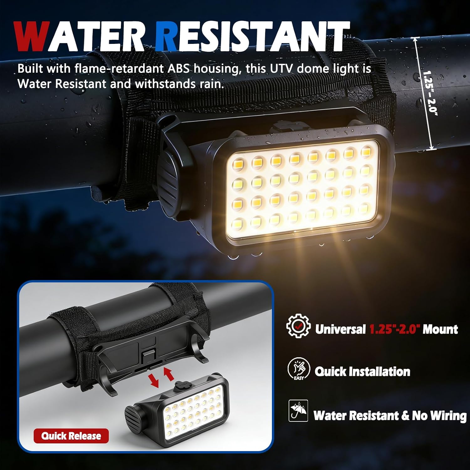 Xislet 2 Pack UTV Dome Lights, 32pcs LED Chips Type-C Rechargeable UTV Interior Light Compatible with Polaris RZR Ranger Can-Am Maverick Honda Talon 1.25"-2.0" Roll Bar Cage Roof Lights