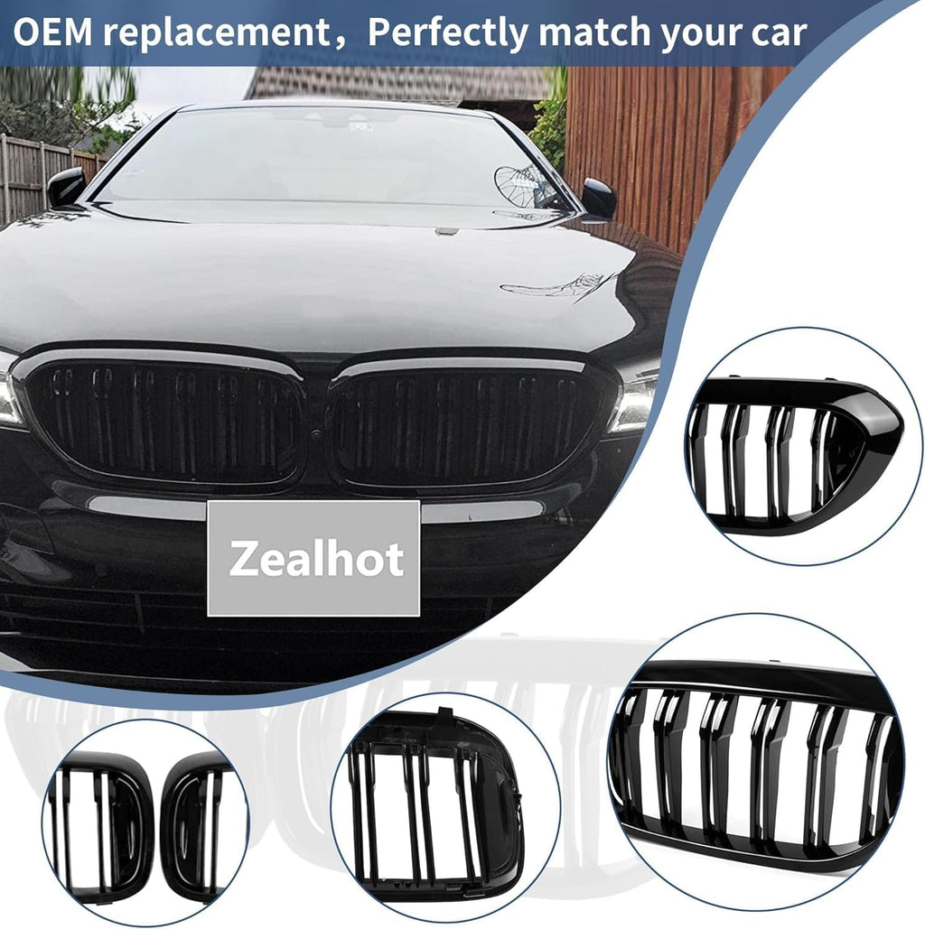 G30 Grille, Black Front Kidney Grille Grill Compatible with BMW 2017-2020 5 Series G30 M5 530e 530i 540i 550i, Gloss Black Double Slats