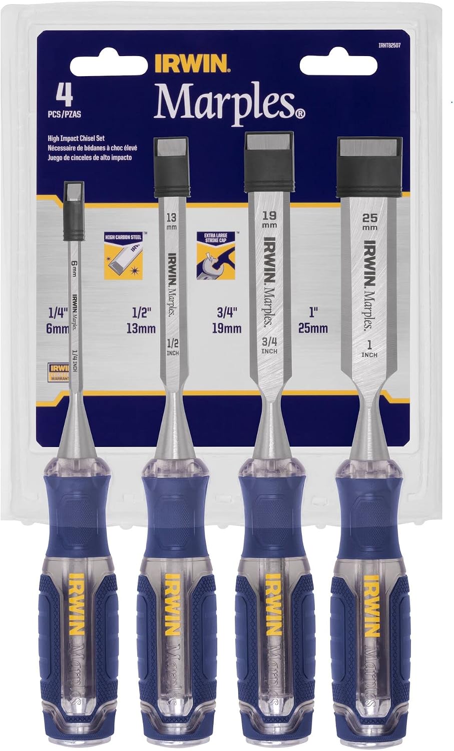 irwin chisel set, woodworking, 4-pack, extra-long strike cap, close-up detail