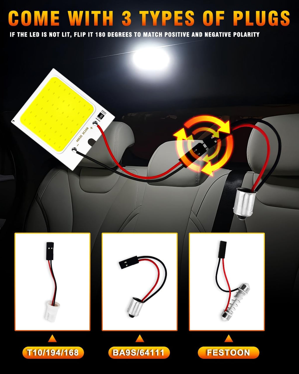 Qasim LED Dome Light 12V COB 48-SMD Auto Car Interior LED Panel Light, Reading Plate Light, Roof Ceiling, Map Lamp with BA9S T10 Festoon Adapters(Pack of 10)