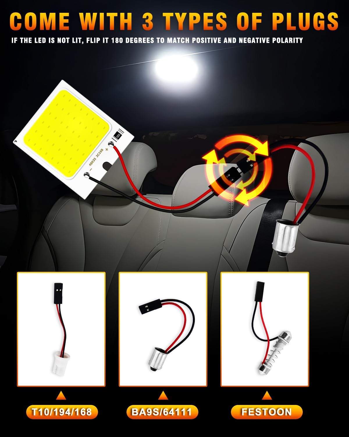 Qasim LED Dome Light 12V COB 48-SMD Auto Car Interior LED Panel Light, Reading Plate Light, Roof Ceiling, Map Lamp with BA9S T10 Festoon Adapters(Pack of 10)