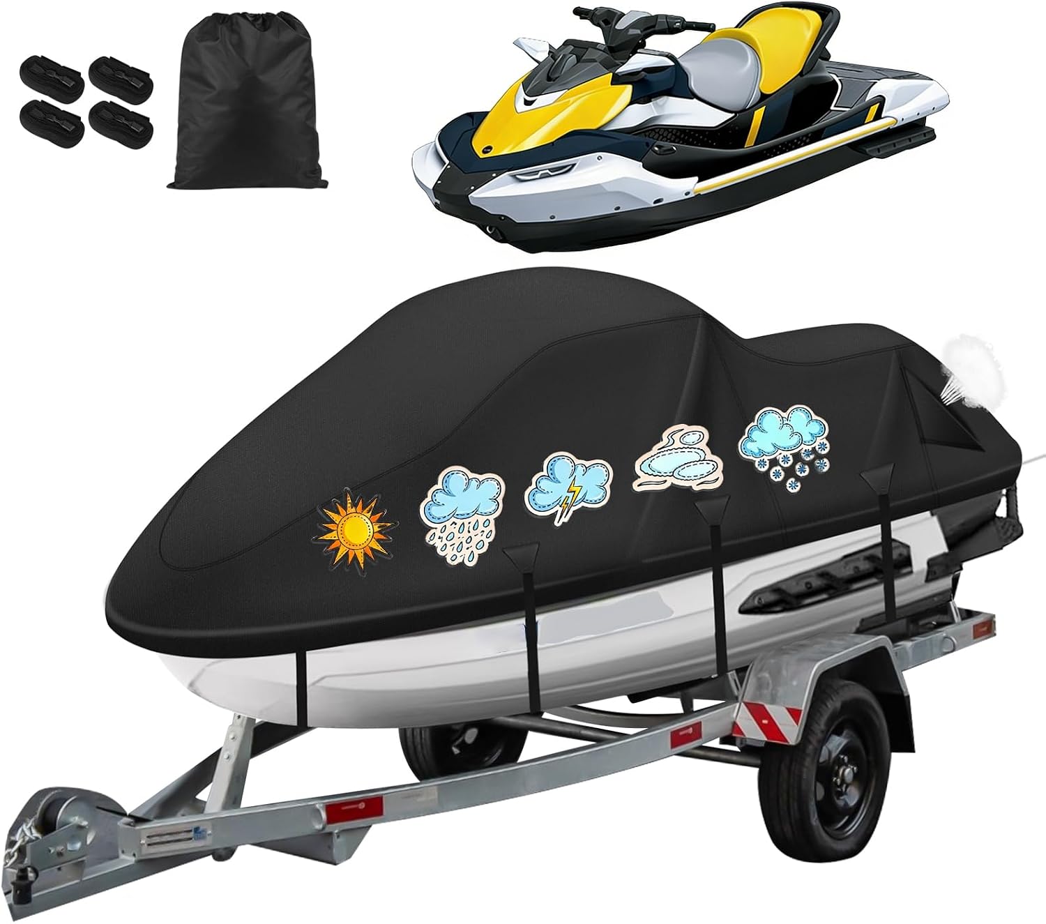 Jet Ski Cover,420D Waterproof Jetski Covers with 2 Vents & 4 Windproof Buckles UV Protection Universal Waverunner Cover Fits Yamaha Seadoo from 116" to 125"(Black)