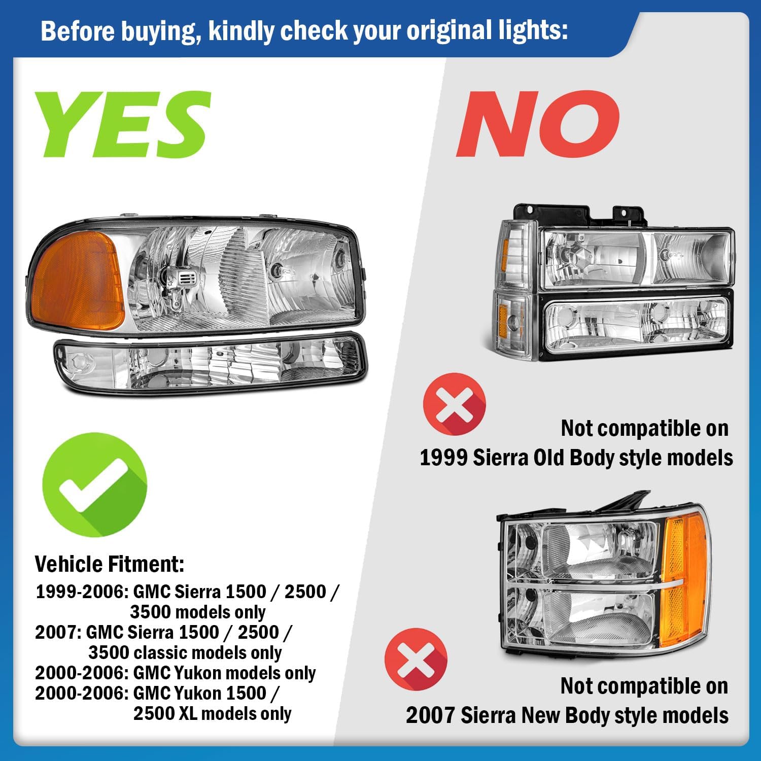 Headlights Assembly for 99-07 GMC Sierra, Compatible with 99-06 GMC Yukon Headlamp Replacement Chrome Housing Driver & Passenger Side