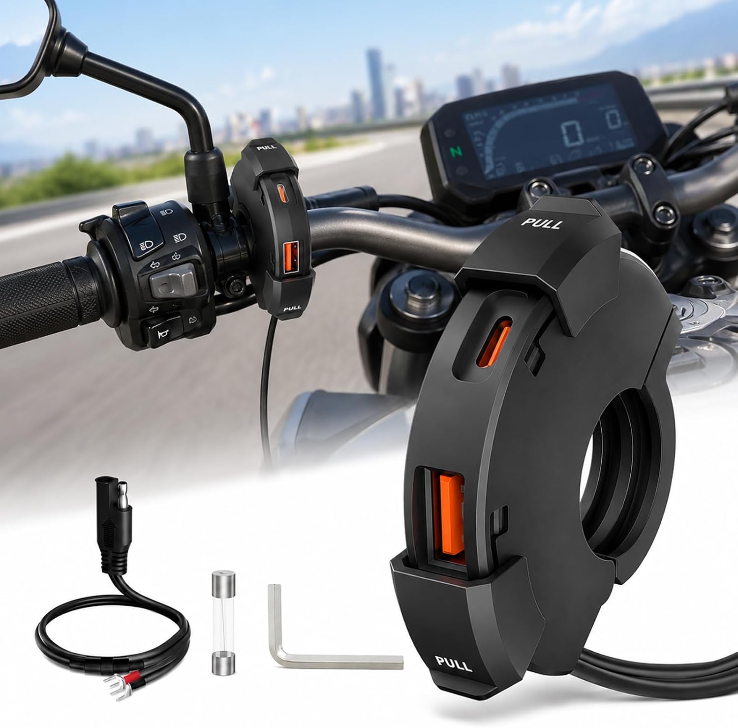 Upgraded 48W Motorcycle Phone Charger IP65 Waterproof Motorcycle USB Charger,Dual Port USB Type-C Handlebar Charger 3.0 Fast Charge Adapter,Sae to USB Quick Charging Socket for Phone/Tablet/GPS/Camera