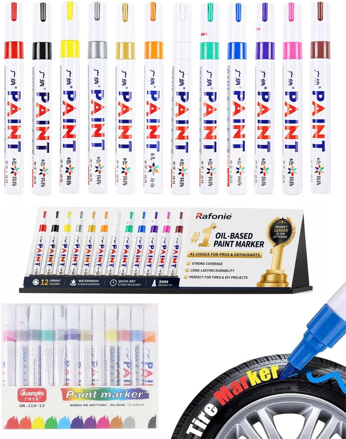 Oil-Based Tire Lettering & DIY Detail Pen Waterproof Quick-Dry Permanent | Paint Markers Letter Touch up Car 12 Colors 3mm Writing Width Lettering DIY Detail for Rubber Wood Glass Ceramic Metal