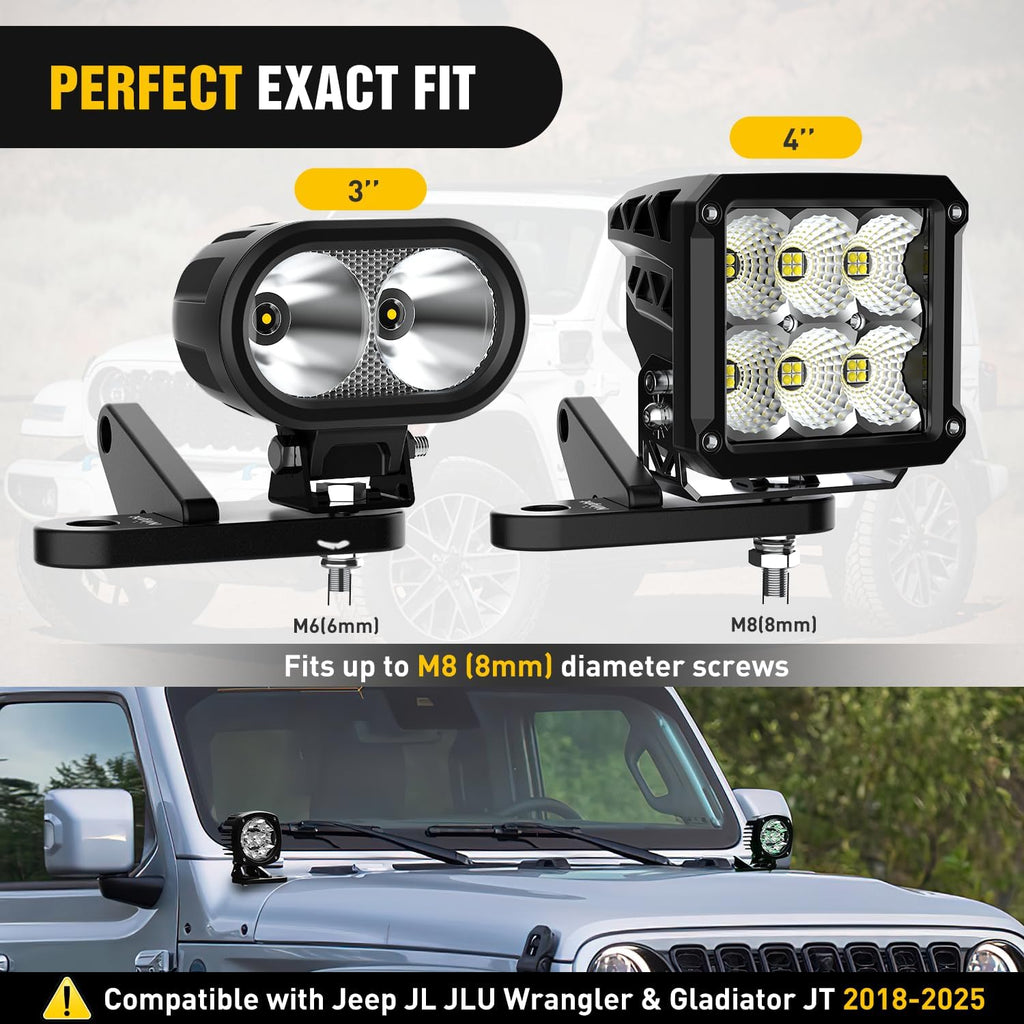 Nilight Light Mounting Bracket Hood Cowl Mount Brackets for Front A-Pillar Auxiliary Offroad LED Work Pods Lights on Jeep Wrangler JL JLU Gladiator JT 2018 2019 2020 2021 2022 2023 2024 2025, Black