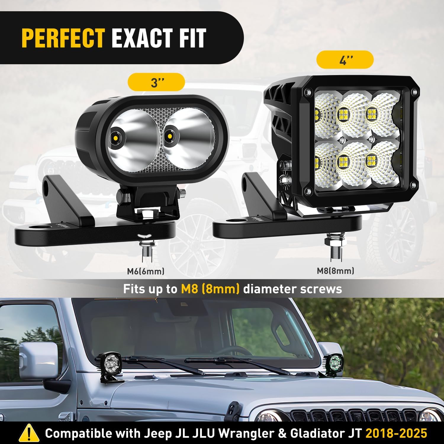 Nilight Light Mounting Bracket Hood Cowl Mount Brackets for Front A-Pillar Auxiliary Offroad LED Work Pods Lights on Jeep Wrangler JL JLU Gladiator JT 2018 2019 2020 2021 2022 2023 2024 2025, Black