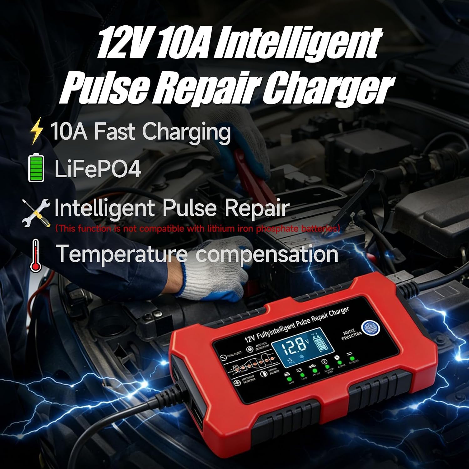 12V 10A Car Battery Charger, Lead-Acid & Lithium Trickle Battery Charger with Temperature Compensation, Desulfator & LED Display Maintainer for Car, Motorcycle, Truck, Marine, Lawn Mower