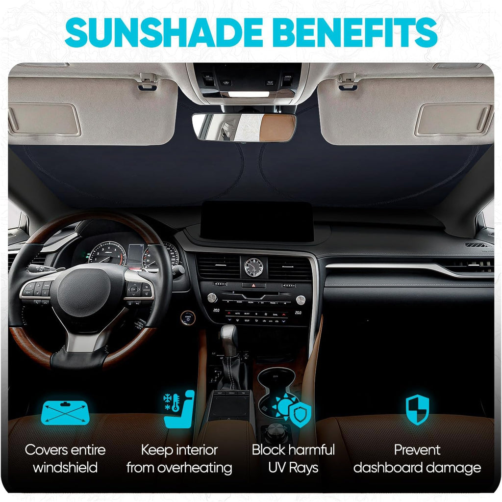 FORTEM Car Sun Shade for Windshield, Reflective Windshield Sunshade, 240T Polyester, Automotive Interior Sun Protection, Ultimate Heat and UV Shield, Foldable, Storage Bag