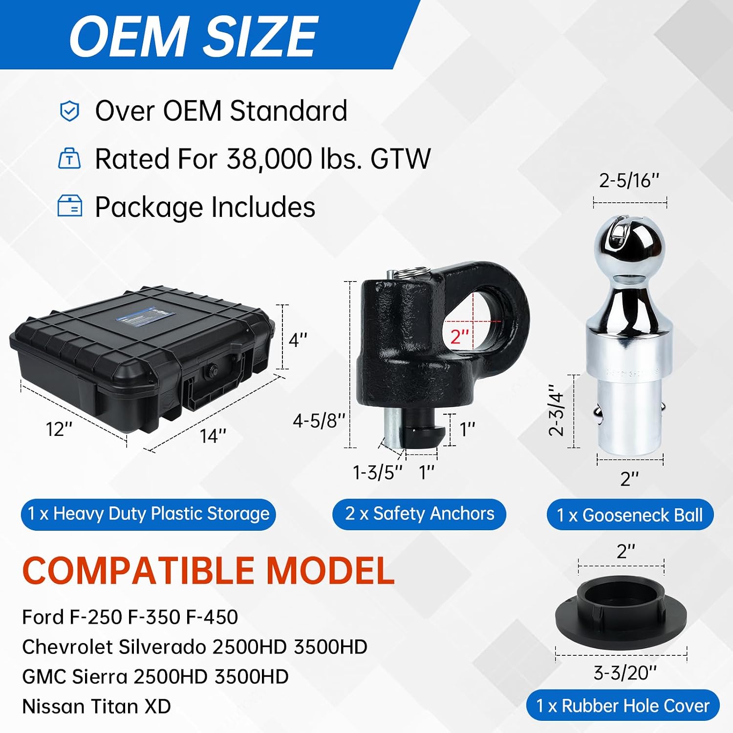60692, Upgraded 38k 2-5/16 in Hitch Ball Puck System Gooseneck Hitch Kit with Case Compatible with Ford F250/F350/F450, Chevrolet Silverado 2500/3500 HD, GMC Sierra 2500/3500 HD Nissan Titan XD