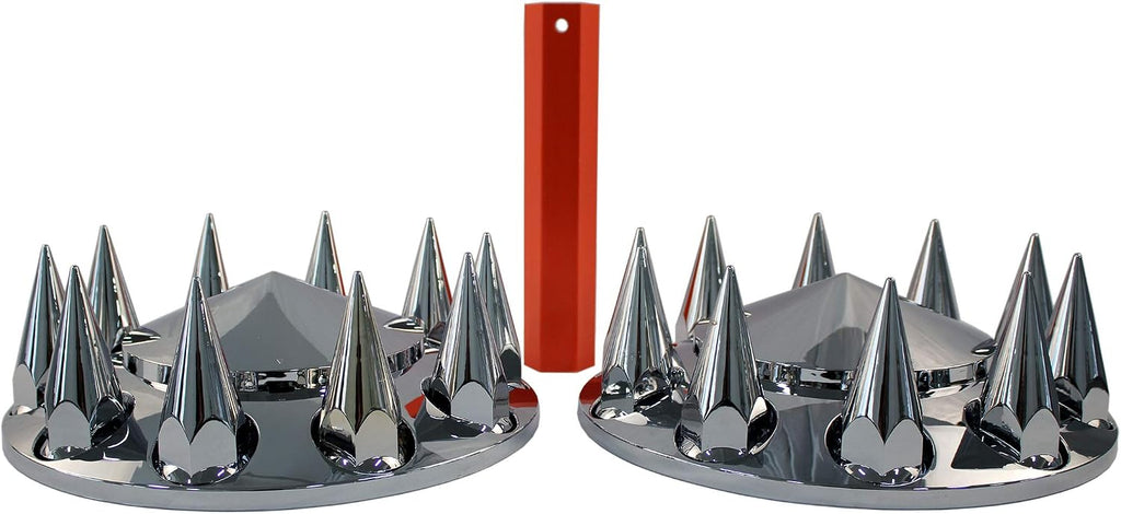 MRJLK Chrome ABS Complete Axle Cover Set with Hub Caps and 33mm Screw-On Spiked Lug Nut Covers for Semi Trucks (2 Front)