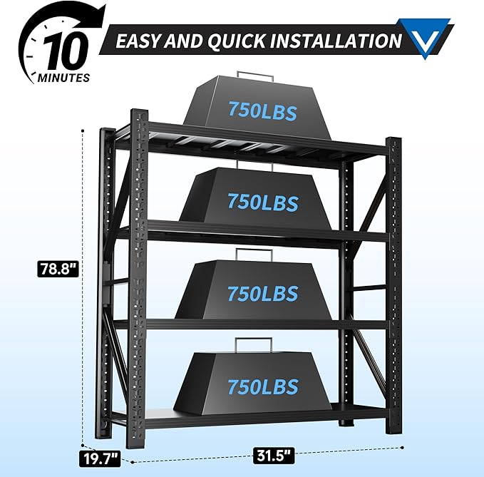 3000LBS Garage Shelving 32" W Garage Shelving Heavy Duty 4-Tier Metal Storage - Image 3