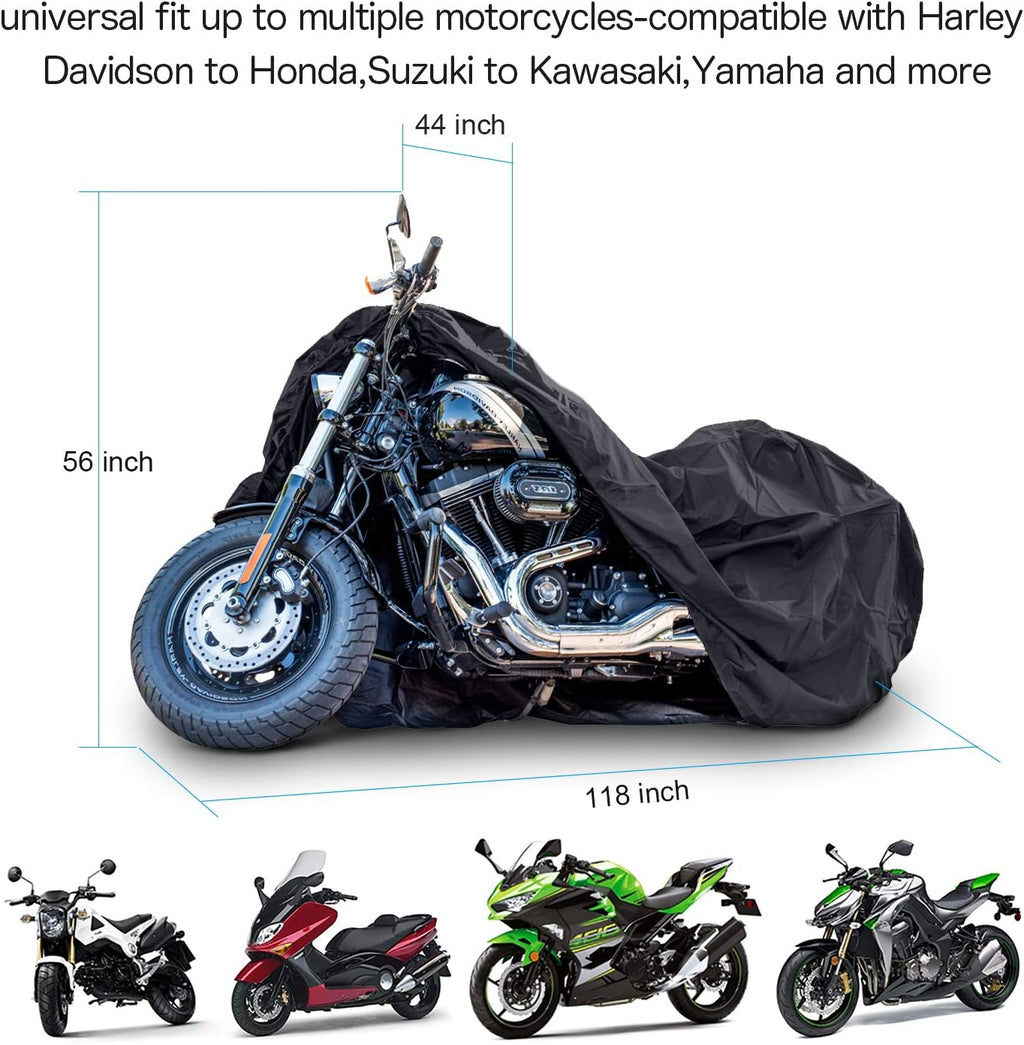 New Generation Motorcycle Cover ! XYZCTEM All Weather Black XXXL Large-Waterproof Outdoor Protects Fits up to 118 inch for Harley Davidson, Honda, Suzuki, Yamaha and More