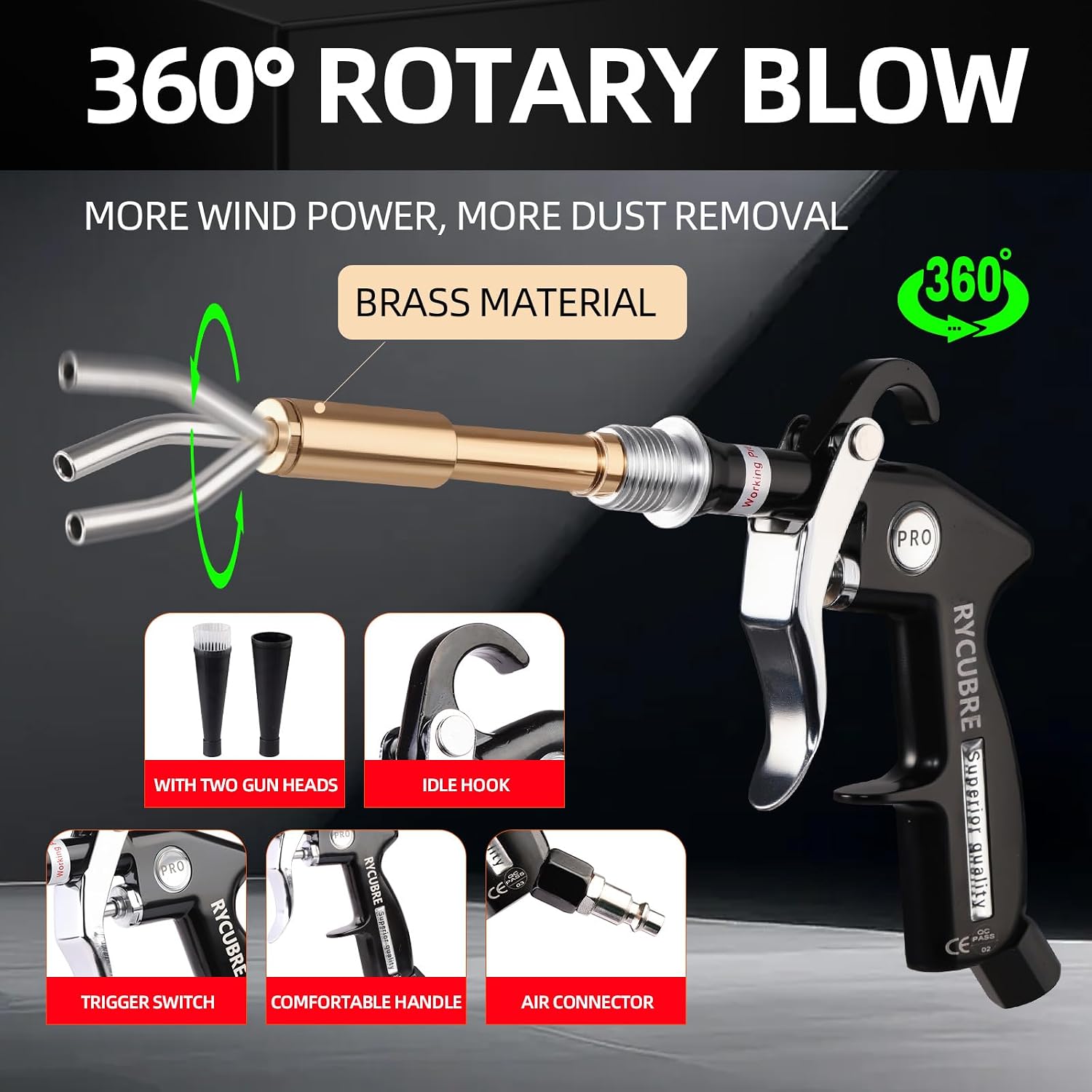 Tornado Dry Cleaning Gun Tornado Car Cleaning Gun Tornado Dry Air Blow Gun with 2 Nozzles + 2 American Connectors + 2 Microfiber Towels, Durable Metal Body, Anti-Drop, for Car Interior Cleaning